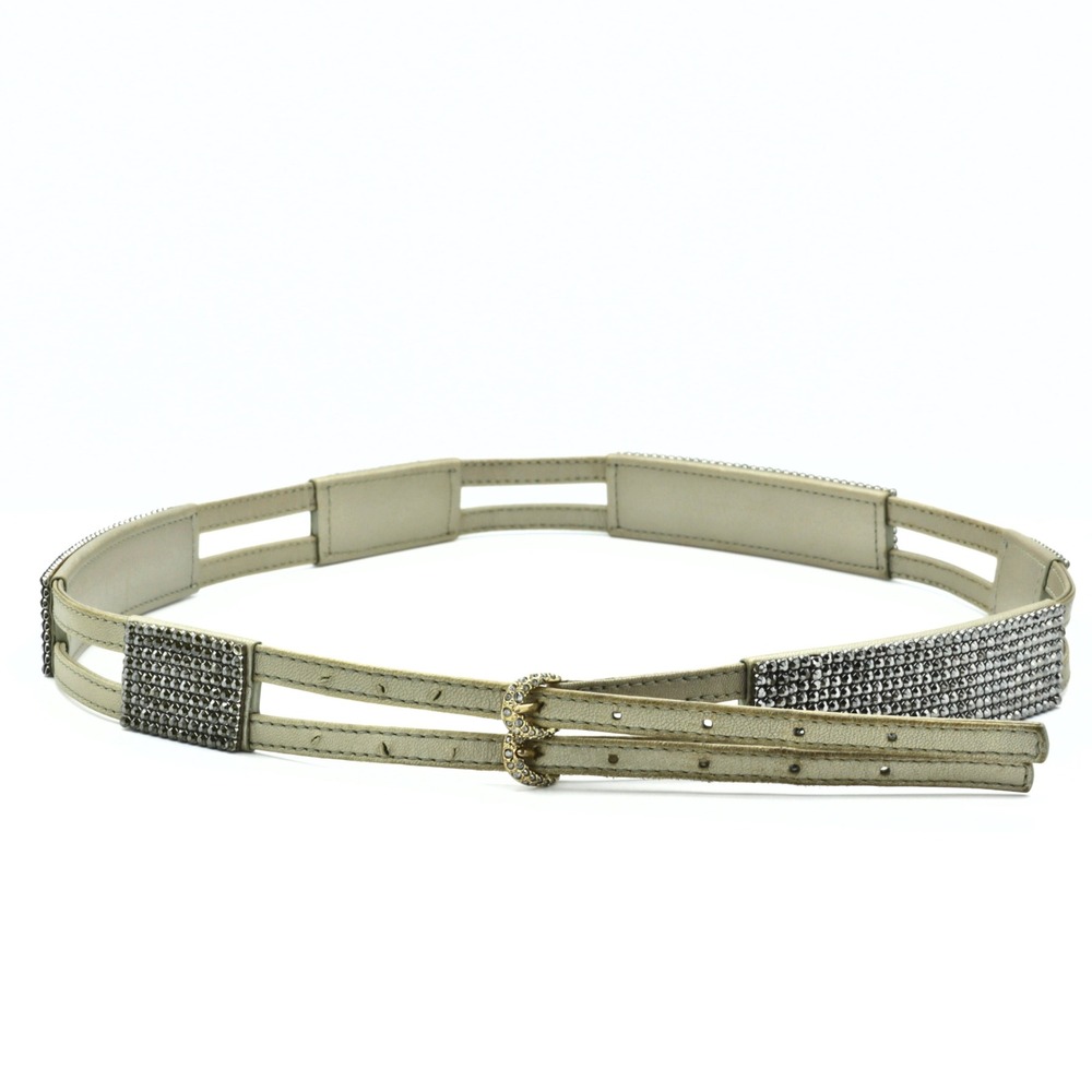 Swarovski Belt Womens S/M Y2k Champagne Gold Crystal Double Strap Leather Formal
